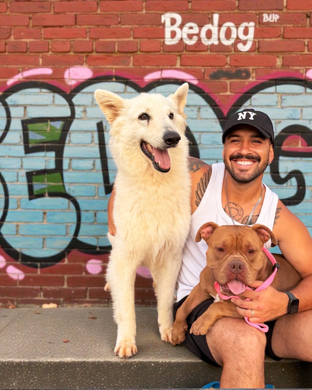 Vinícius Belotti, o Professor BeDog, com o Fantasma, seu Pastor Suíço branco, e outro cão em frente a um muro grafitado com o nome BeDog
